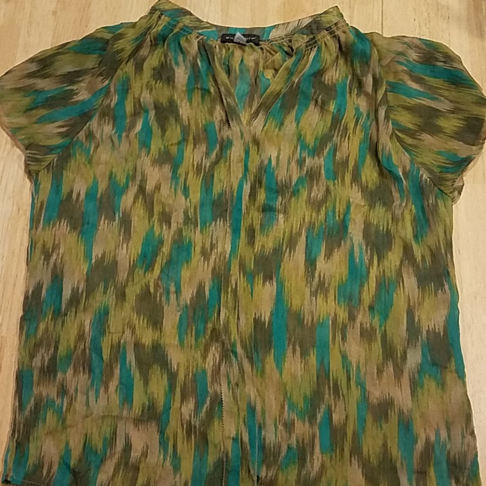 Willi Smith sheer cap sleeve high neck abstract top Small
